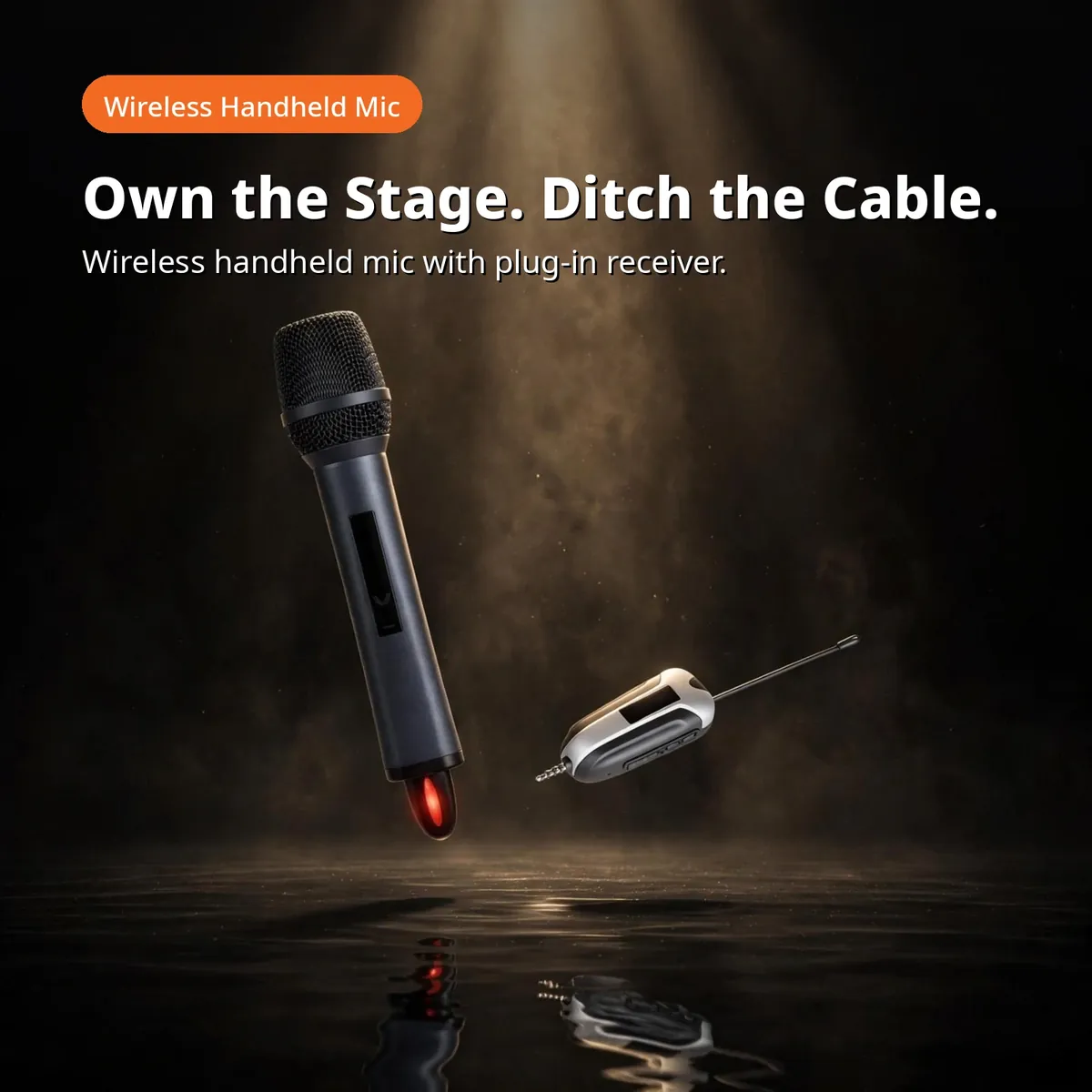Shengfu TX-11 promo hero showing the handheld mic and plug-in receiver under a stage spotlight — Own the Stage. Ditch the Cable. Wireless handheld mic with plug-in receiver.