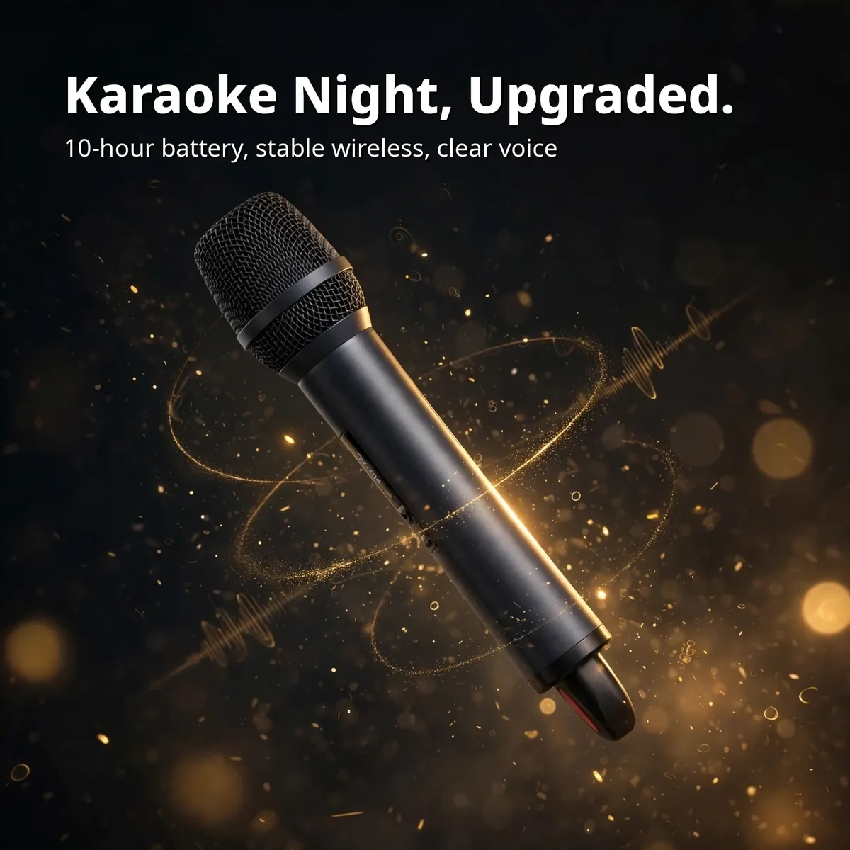Shengfu TX-11 promo visual of the handheld mic wrapped in golden light trails — Karaoke Night, Upgraded. 10-hour battery, stable wireless, clear voice.