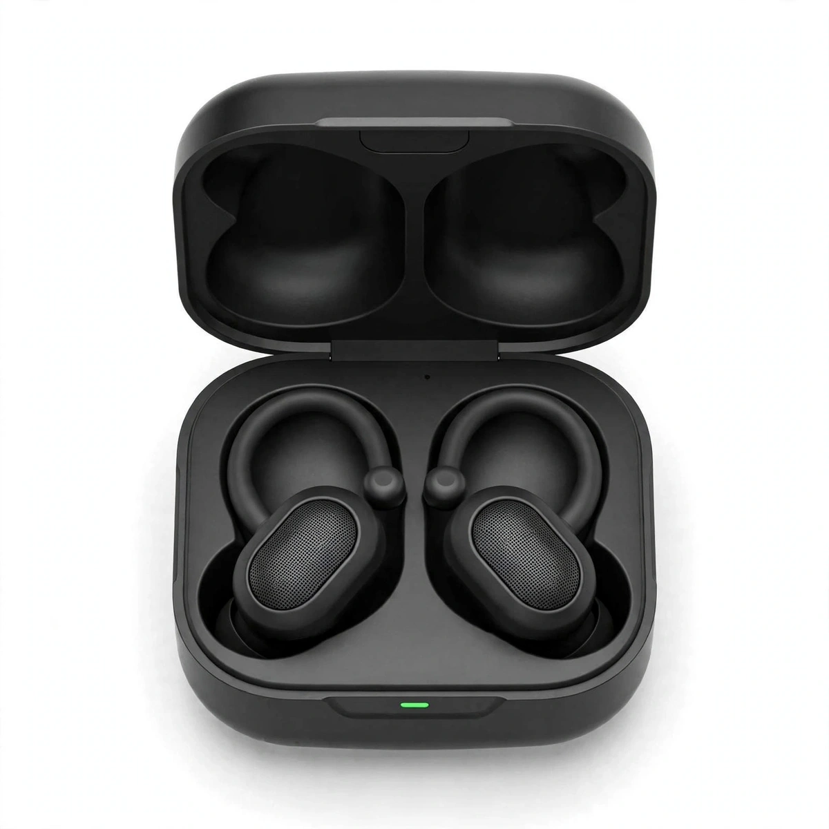 Open charging case with two SoundPEATS Air Clip clip-on earbuds docked, top-down on white