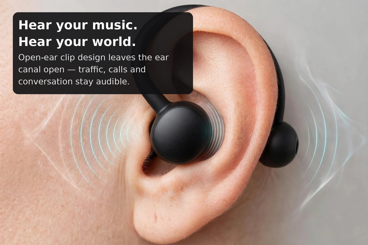 Benefit visual: the SoundPEATS Air Clip open-ear clip leaves the ear canal open so traffic and conversation stay audible