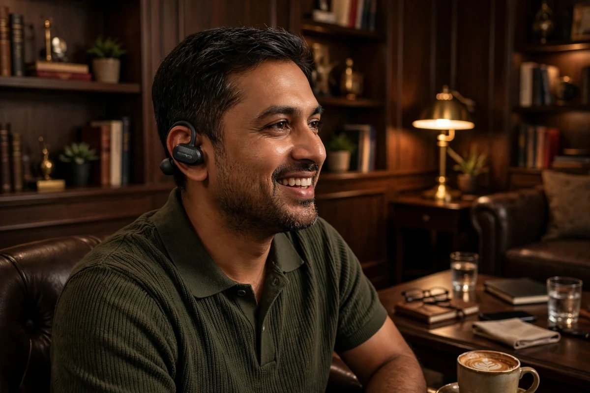 Man relaxing in a lounge wearing SoundPEATS Air Clip open-ear clip earbuds