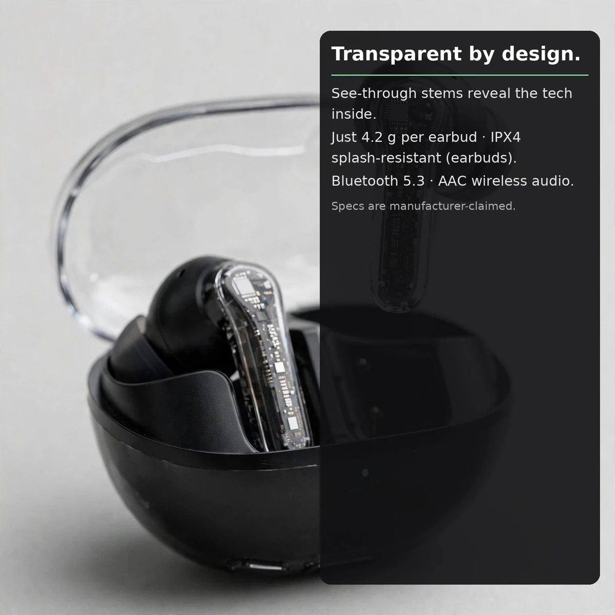 SoundPEATS Clear transparent design card: transparent stems with visible circuitry, 4.2g per earbud, IPX4 earbuds-only, Bluetooth 5.3 and AAC