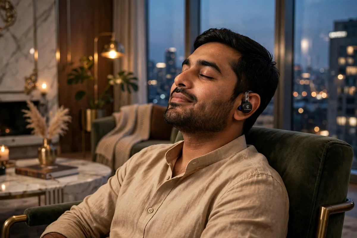 Man relaxing in a luxury penthouse wearing SoundPEATS Clear transparent-stem earbuds