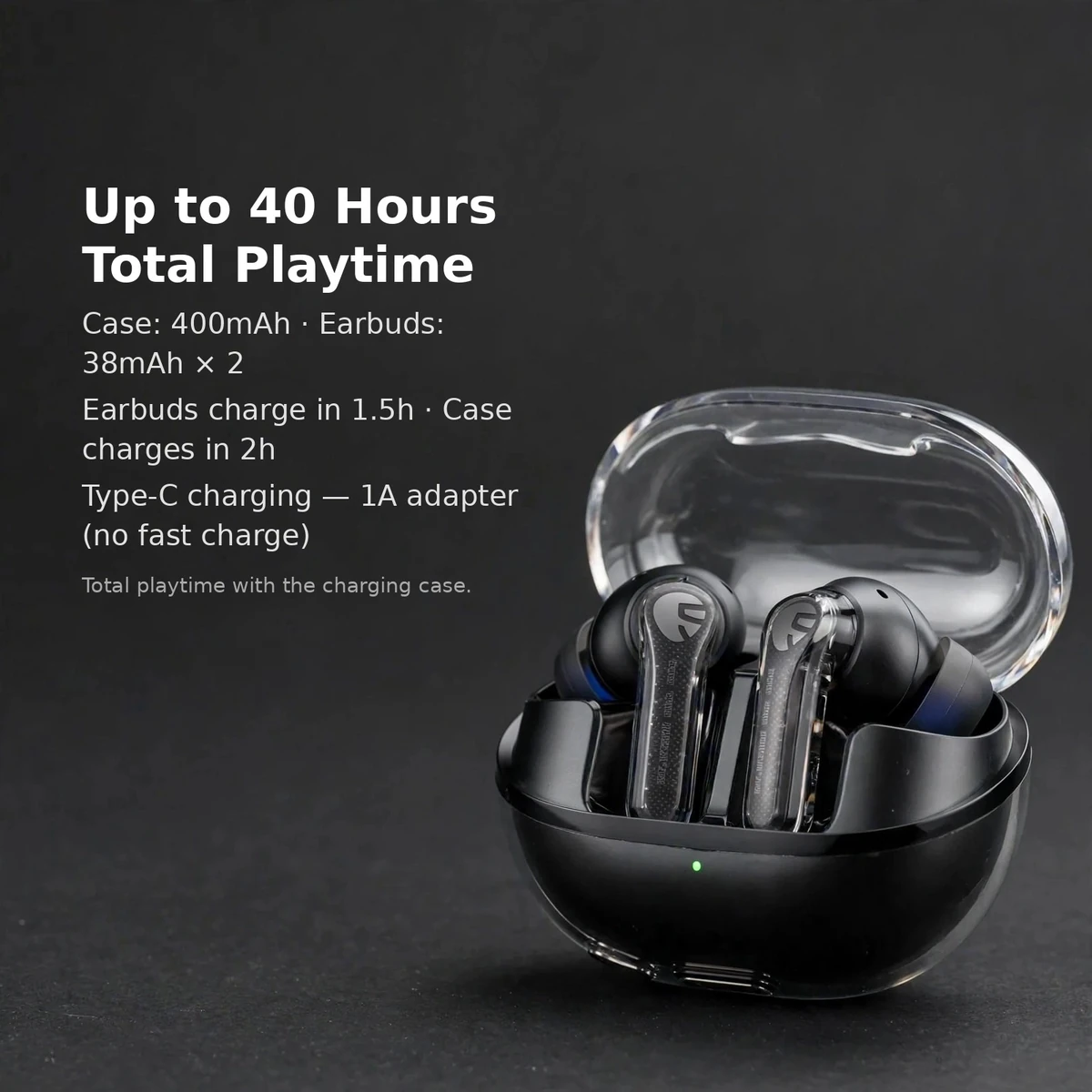 SoundPEATS Clear battery card: up to 40 hours total playtime, Type-C charging, manufacturer-claimed figures