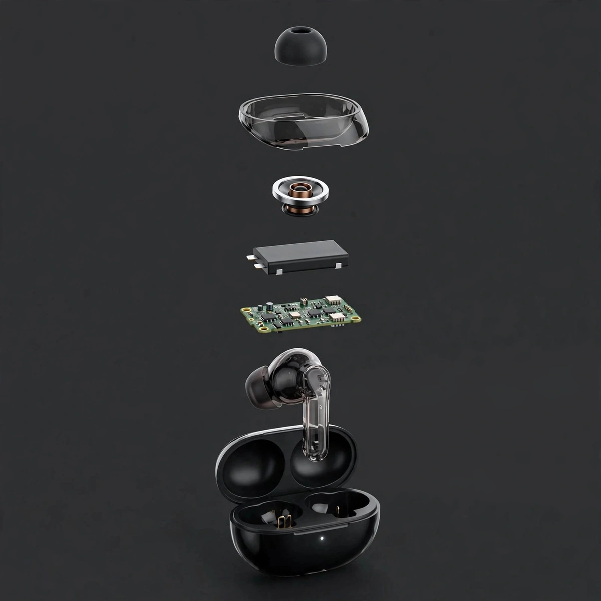 Illustrative exploded view of SoundPEATS Clear earbud components — artist's impression, not an engineering drawing