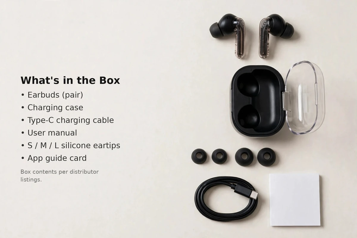 SoundPEATS Clear box-contents flat lay: earbuds, charging case, Type-C cable, eartips and manual
