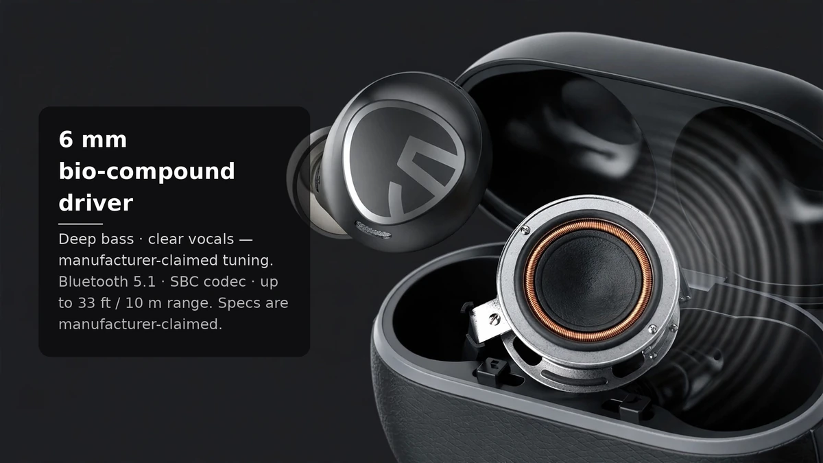 Macro visualization of the SoundPEATS Free2 Classic 6mm bio-compound driver with copper voice coil — manufacturer-claimed