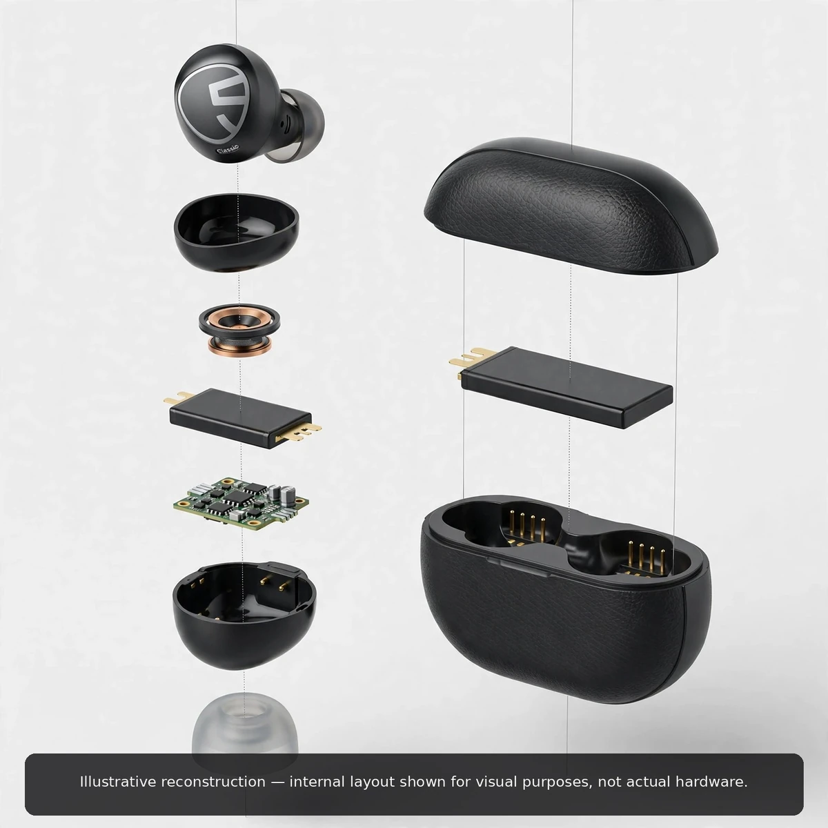 Illustrative exploded view of SoundPEATS Free2 Classic earbud layers — artist's impression, not an engineering drawing