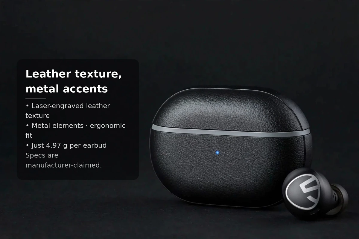 SoundPEATS Free2 Classic feature card: laser-engraved leather texture case, metal accents, 4.97g per earbud