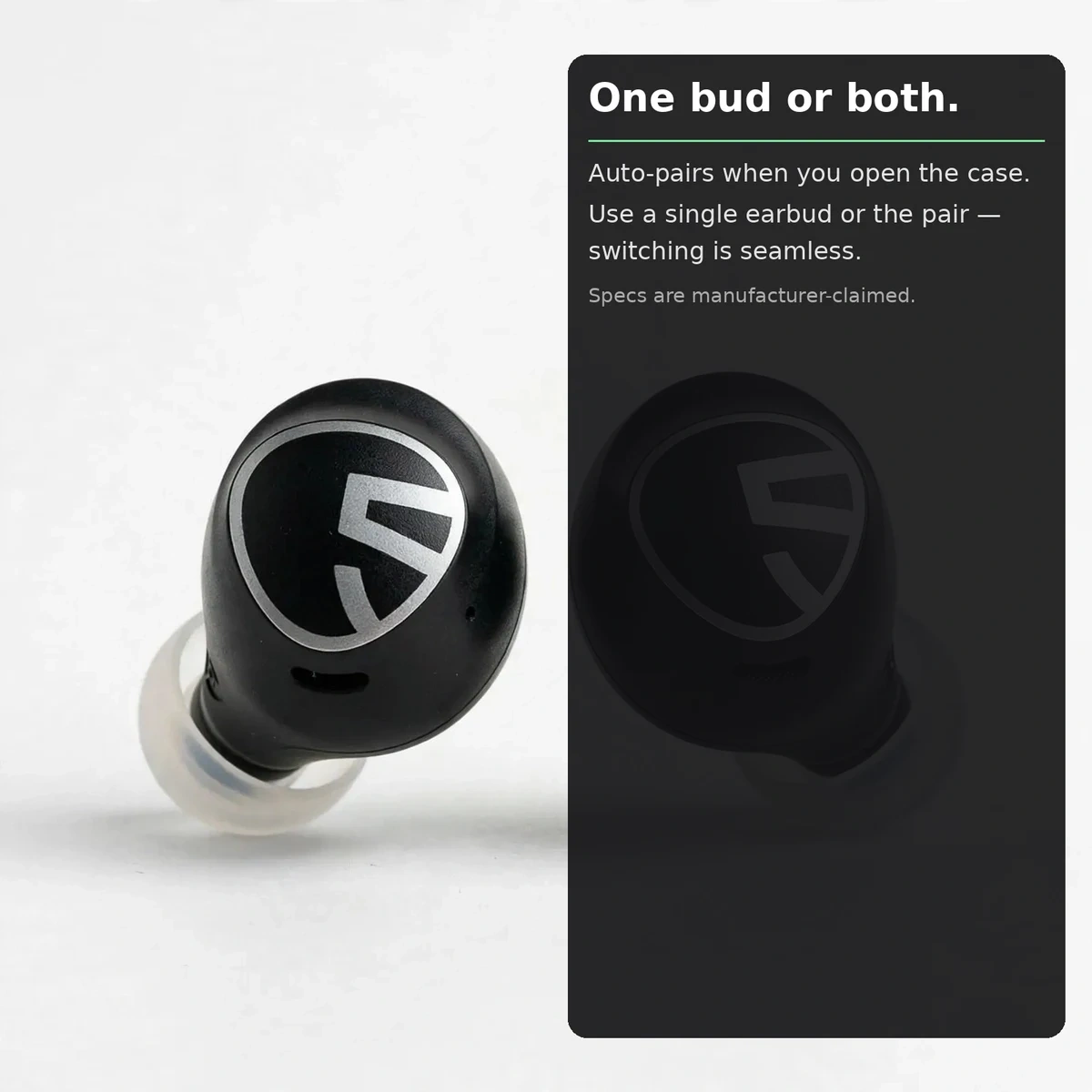 SoundPEATS Free2 Classic promo card: use one earbud or both, with automatic pairing