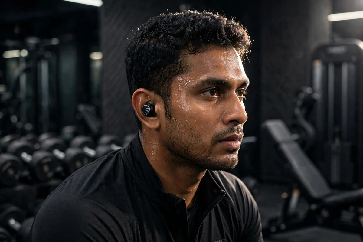 Athlete wearing SoundPEATS Free2 Classic earbuds during a workout in a premium private gym