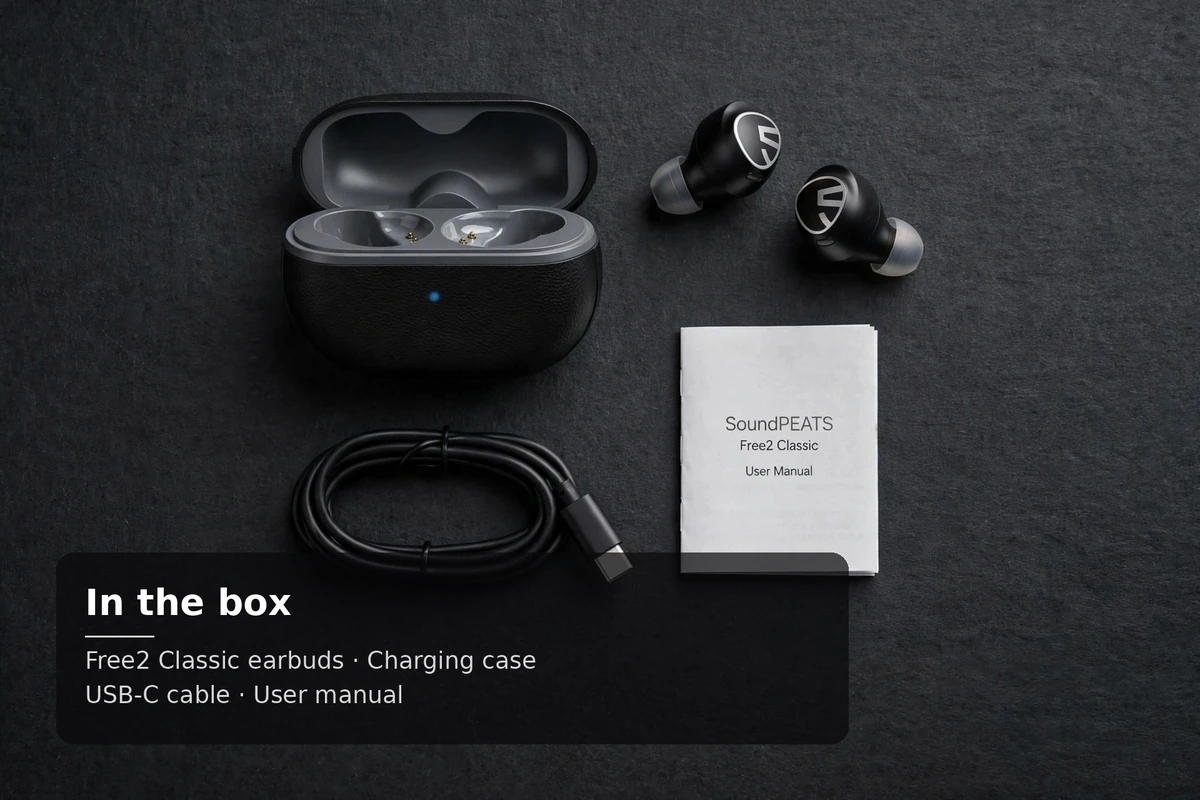 SoundPEATS Free2 Classic box-contents flat lay: earbuds, charging case, USB-C cable and user manual