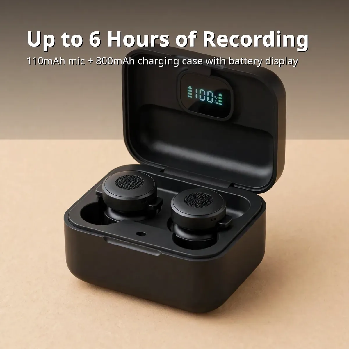 SX21 wireless microphone battery card — Up to 6 Hours of Recording. 110mAh mic plus 800mAh charging case with battery display.