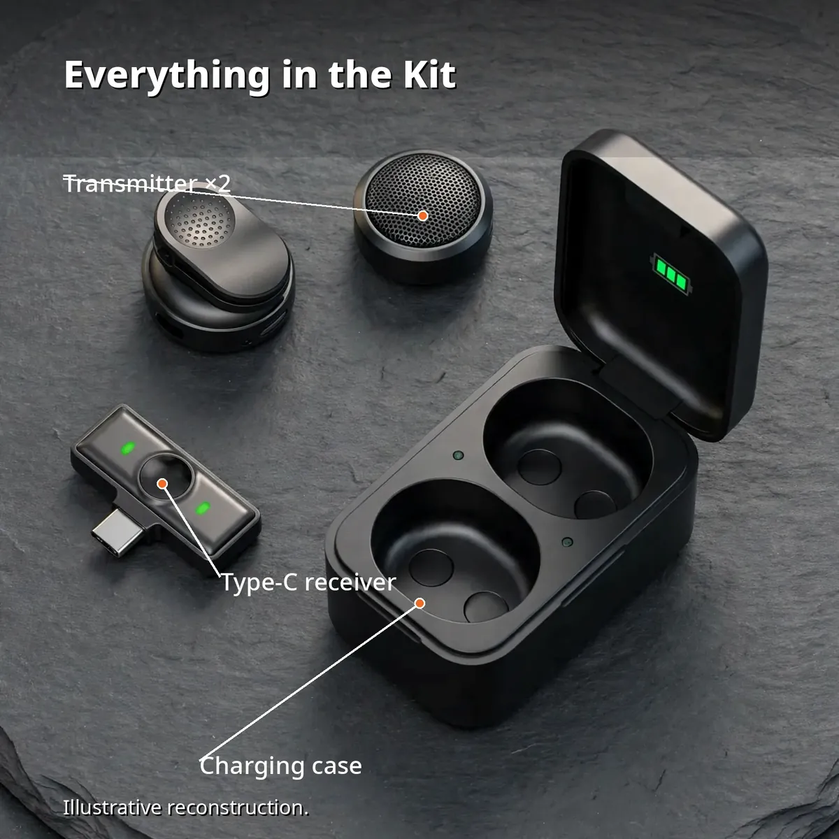 SX21 wireless microphone box infographic — what's in the kit: charging case, two transmitters, Type-C receiver. Illustrative reconstruction.