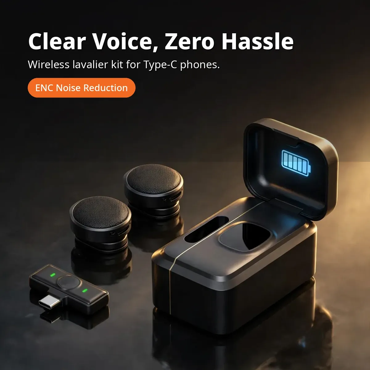 SX21 wireless microphone promo hero — Clear Voice, Zero Hassle. Wireless lavalier kit for Type-C phones. ENC Noise Reduction chip.
