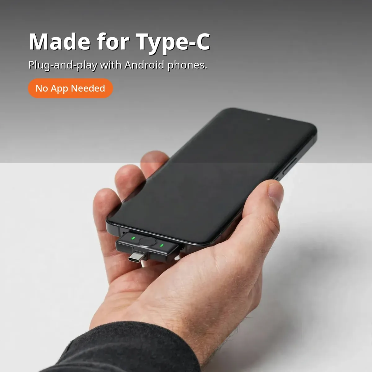 SX21 wireless microphone compatibility promo — Made for Type-C. Plug-and-play with Android phones. No App Needed chip.