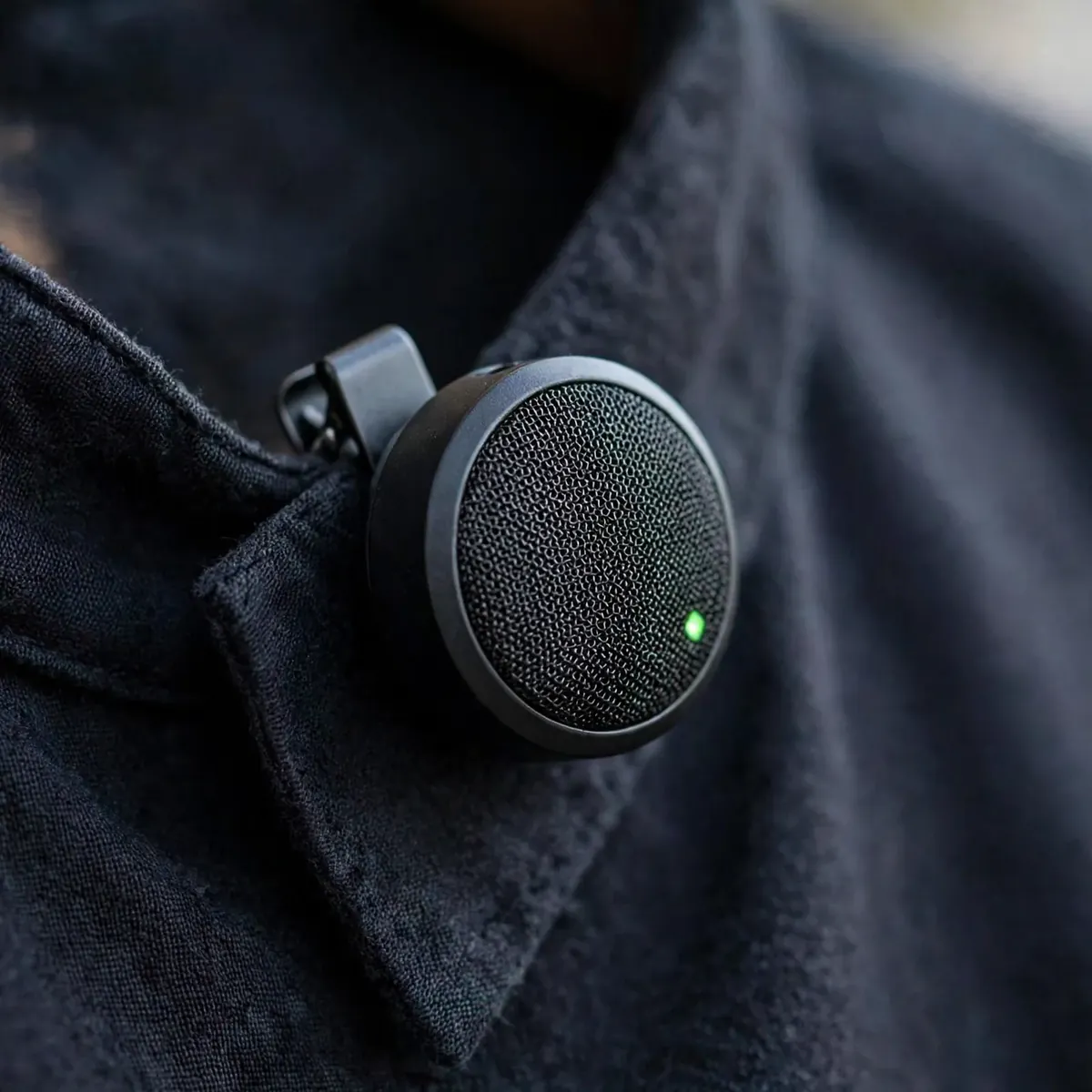 SX21 wireless microphone collar macro — round TX puck magnetically clipped to a shirt collar, no text.