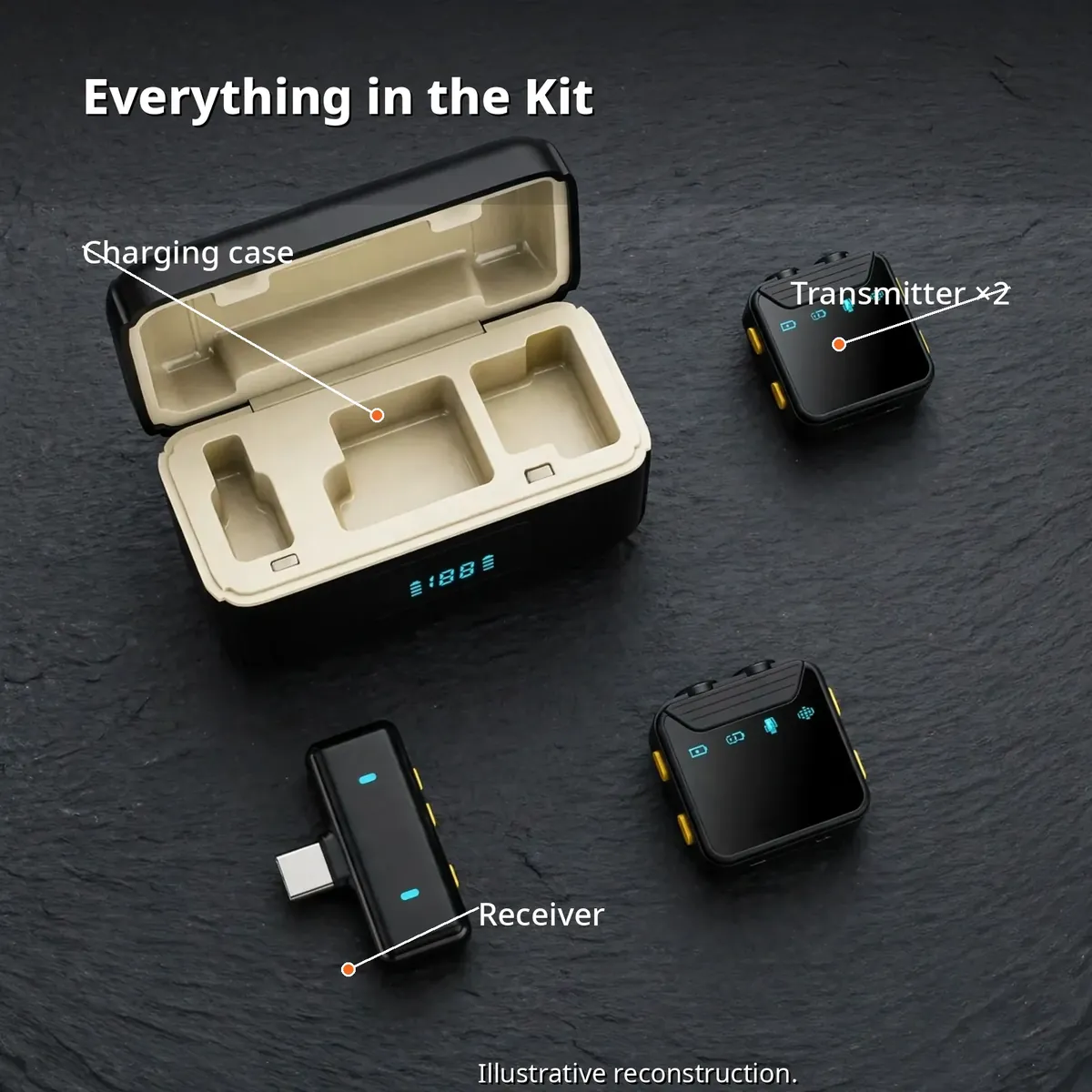 SX23 wireless microphone box infographic — what's in the kit: charging case, two transmitters, receiver. Illustrative reconstruction.