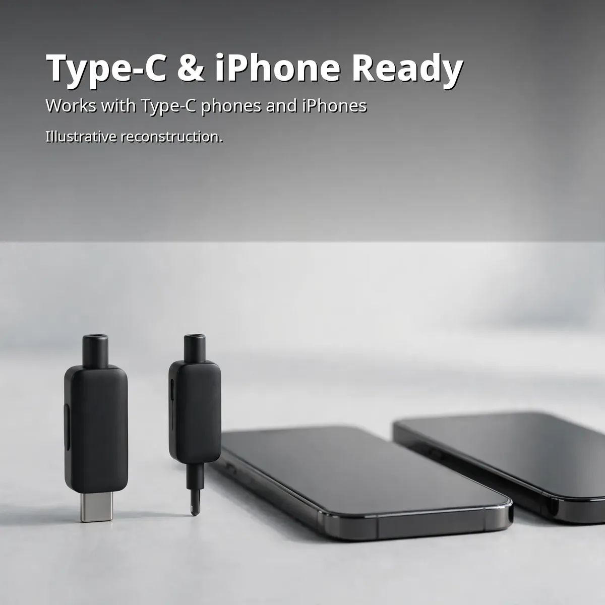SX23 wireless microphone compatibility infographic — Type-C and iPhone Ready. Works with Type-C phones and iPhones. Illustrative reconstruction.
