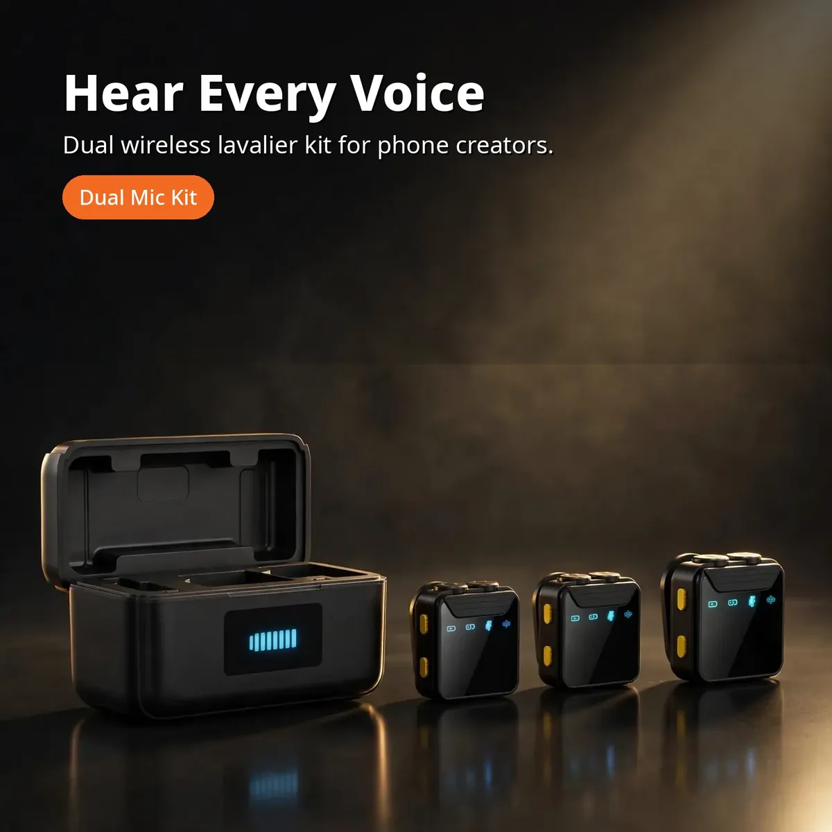 SX23 wireless microphone promo hero — Hear Every Voice. Dual wireless lavalier kit for phone creators. Dual Mic Kit chip.