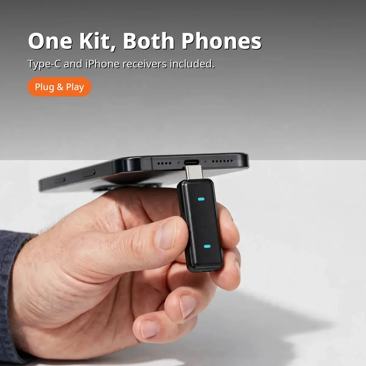 SX23 wireless microphone compatibility promo — One Kit, Both Phones. Type-C and iPhone receivers included. Plug and Play chip.