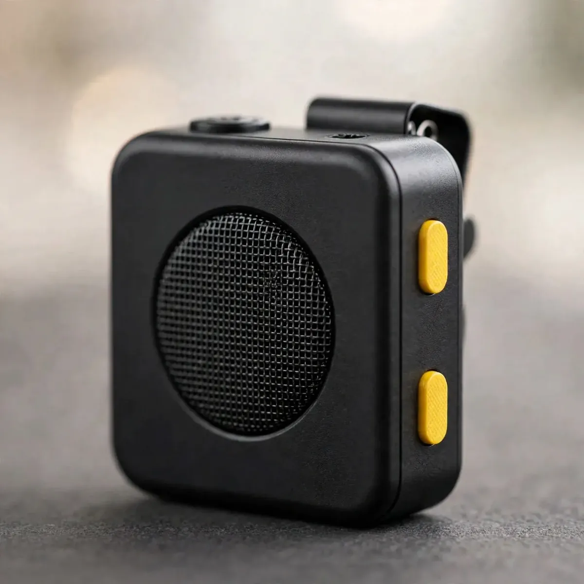 SX23 wireless microphone transmitter macro — square transmitter with yellow accents and indicator LEDs, no text.