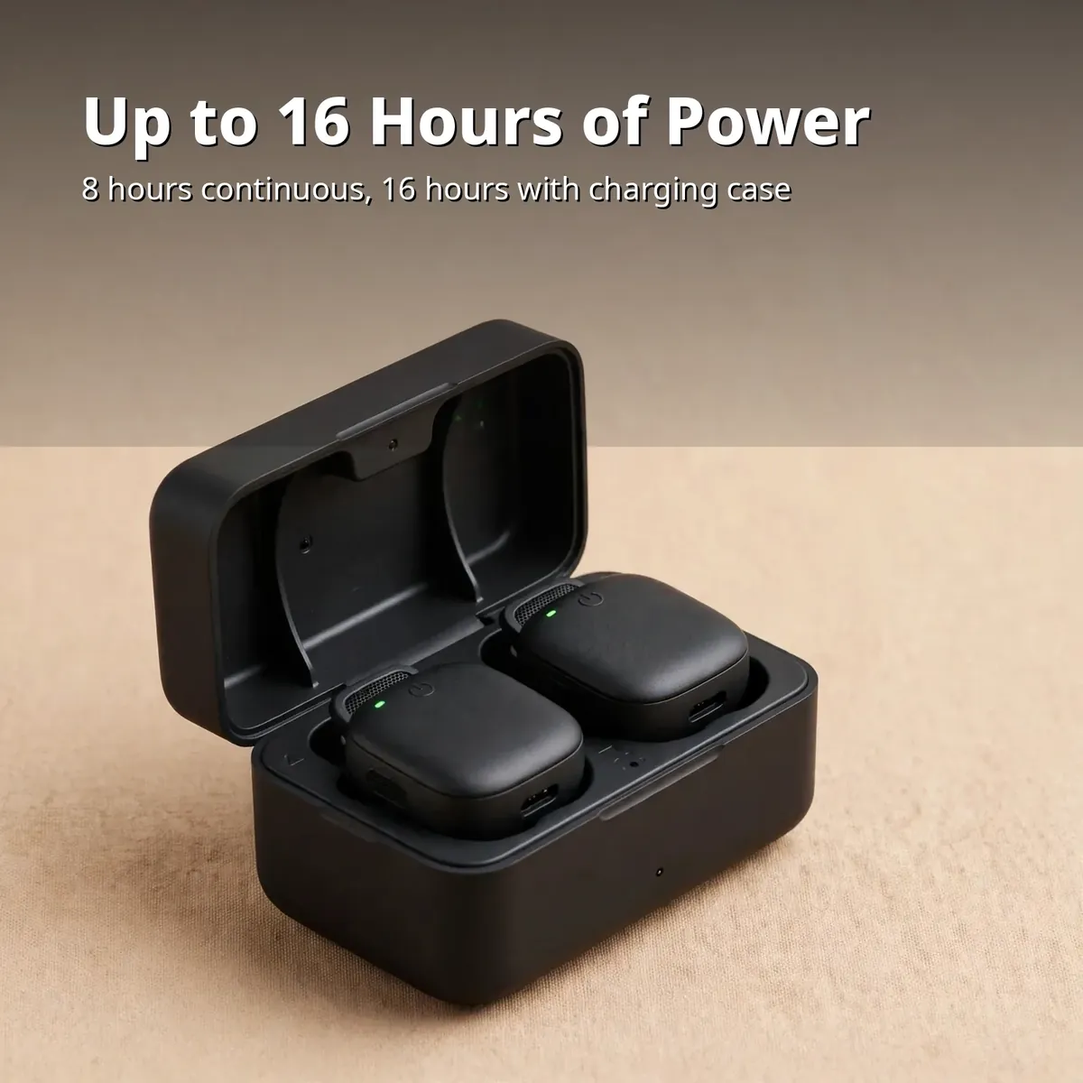 SX63 wireless microphone battery card — Up to 16 Hours of Power. 8 hours continuous, 16 hours with charging case.