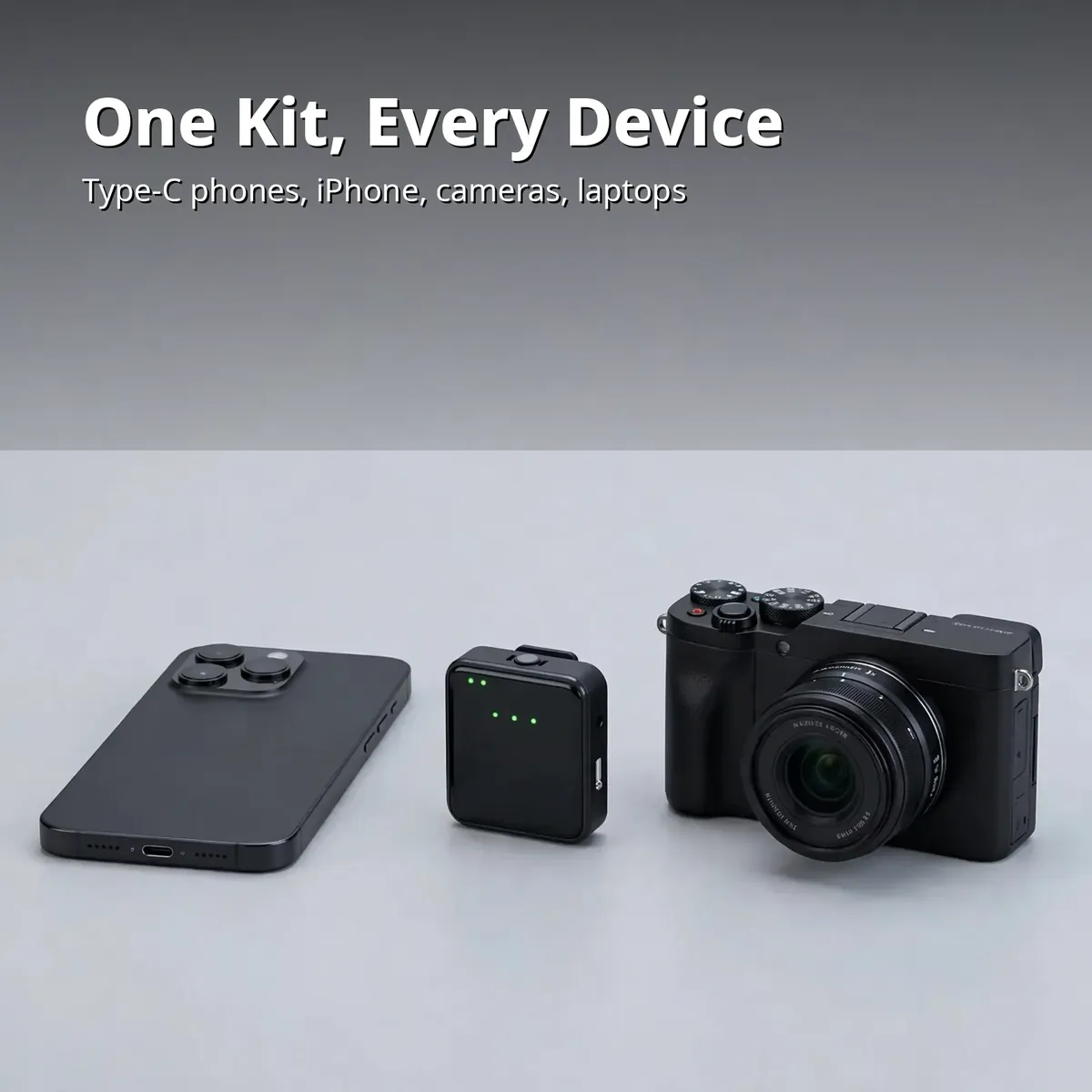 SX63 wireless microphone compatibility card — One Kit, Every Device. Type-C phones, iPhone, cameras, laptops.