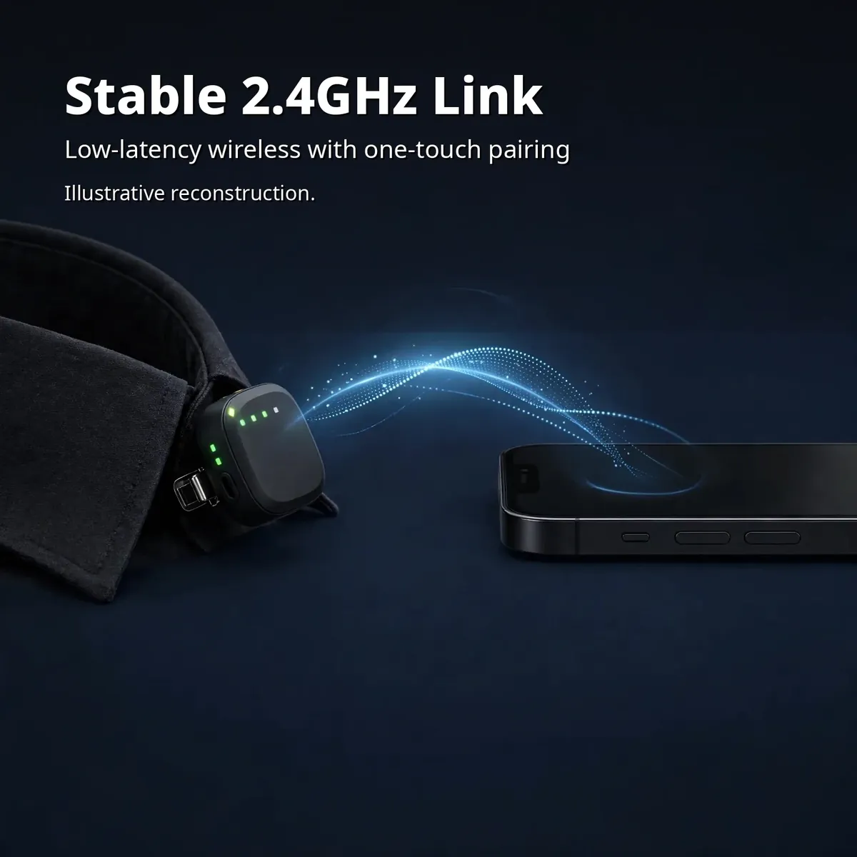 SX63 wireless microphone link infographic — Stable 2.4GHz Link. Low-latency wireless with one-touch pairing. Illustrative reconstruction.
