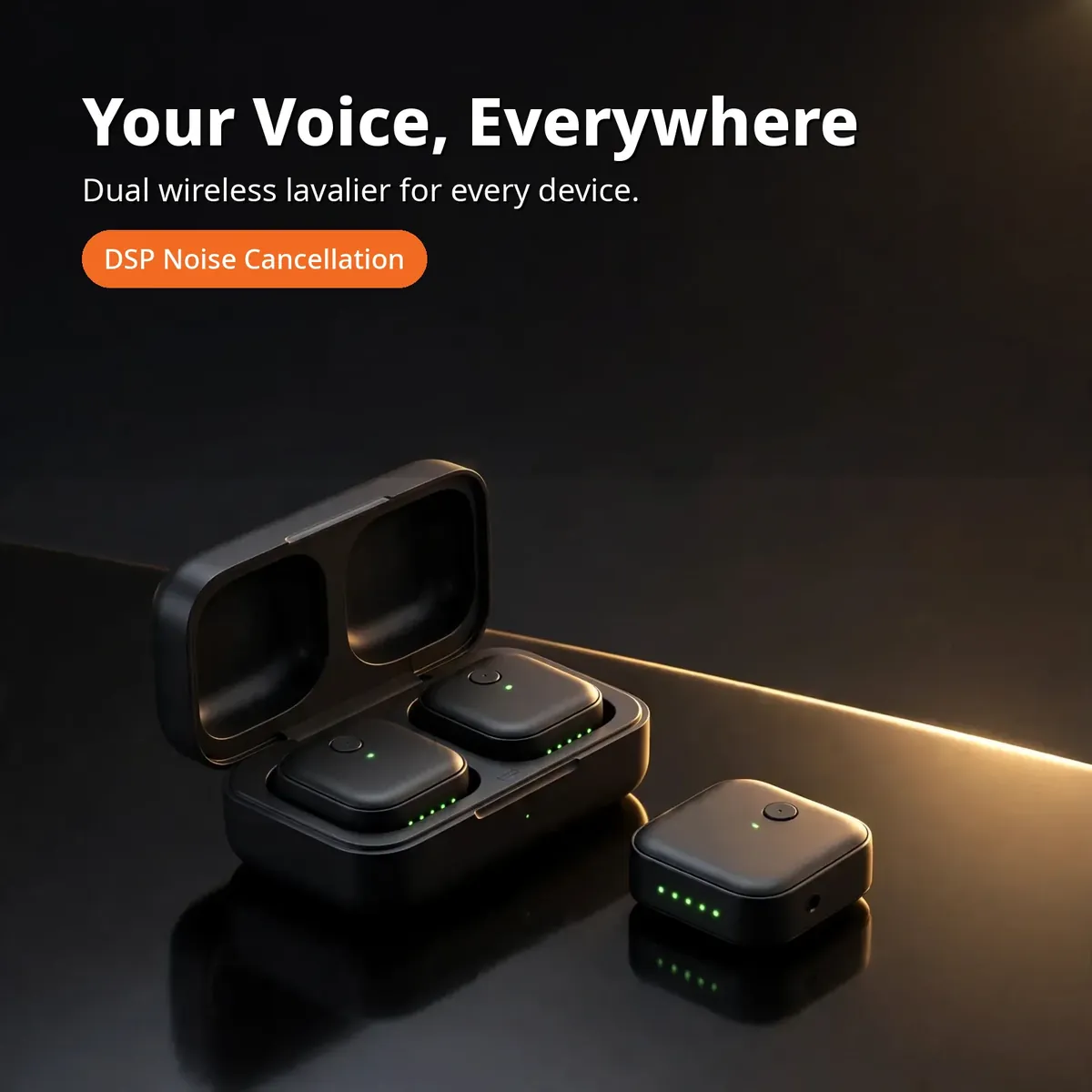 SX63 wireless microphone promo hero — Your Voice, Everywhere. Dual wireless lavalier for every device. DSP Noise Cancellation chip.