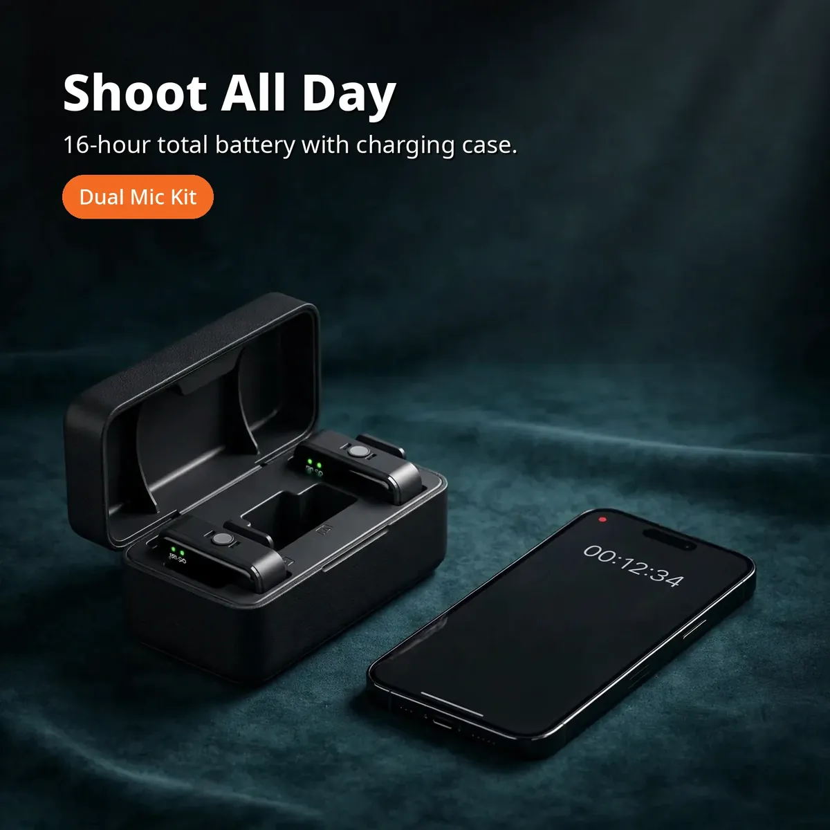 SX63 wireless microphone battery promo — Shoot All Day. 16-hour total battery with charging case. Dual Mic Kit chip.