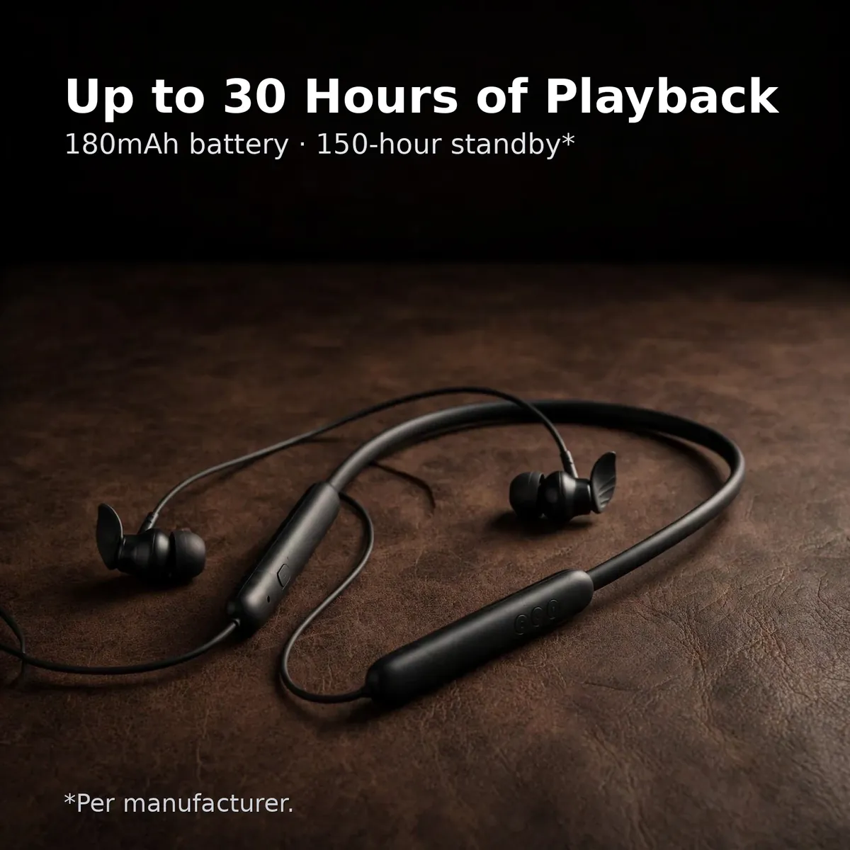 QCY TuneArc N1 battery card — Up to 30 Hours of Playback. 180mAh battery, 150-hour standby. Per manufacturer.
