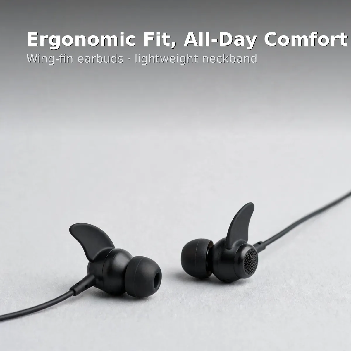 QCY TuneArc N1 comfort card — Ergonomic Fit, All-Day Comfort. Wing-fin earbuds, lightweight neckband.