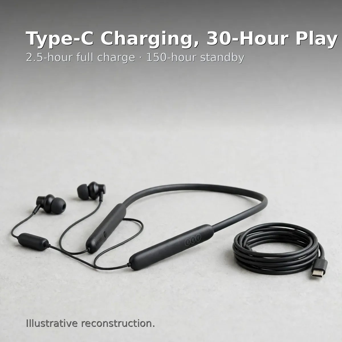 QCY TuneArc N1 charging infographic — Type-C Charging, 30-Hour Play. 2.5-hour full charge, 150-hour standby. Illustrative reconstruction.