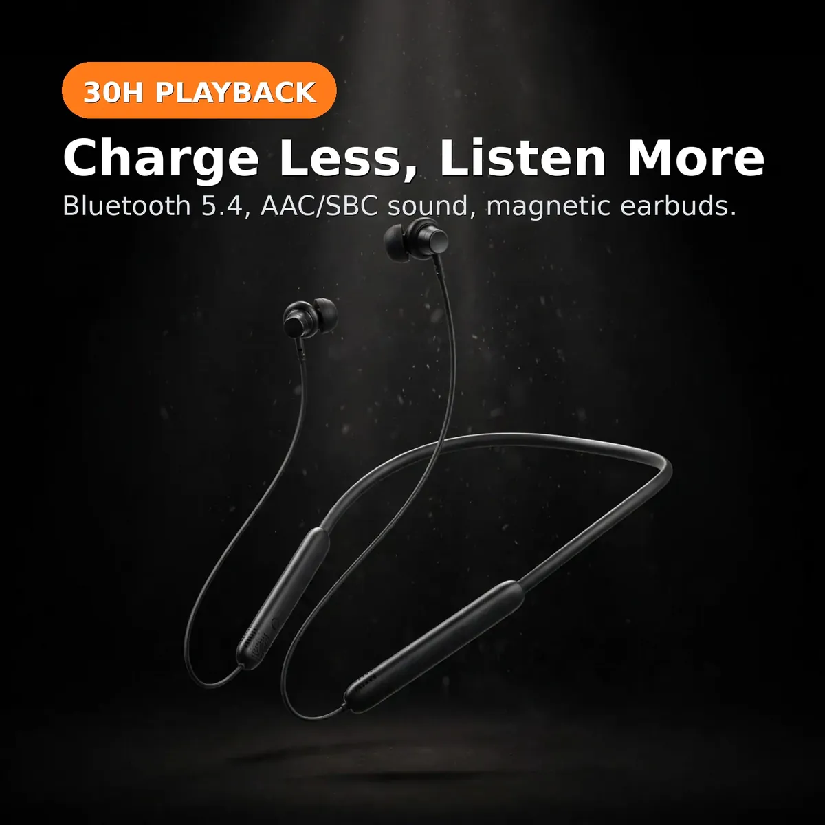 QCY TuneArc N1 promo hero — Charge Less, Listen More. Bluetooth 5.4, AAC/SBC sound, magnetic earbuds. 30H PLAYBACK.