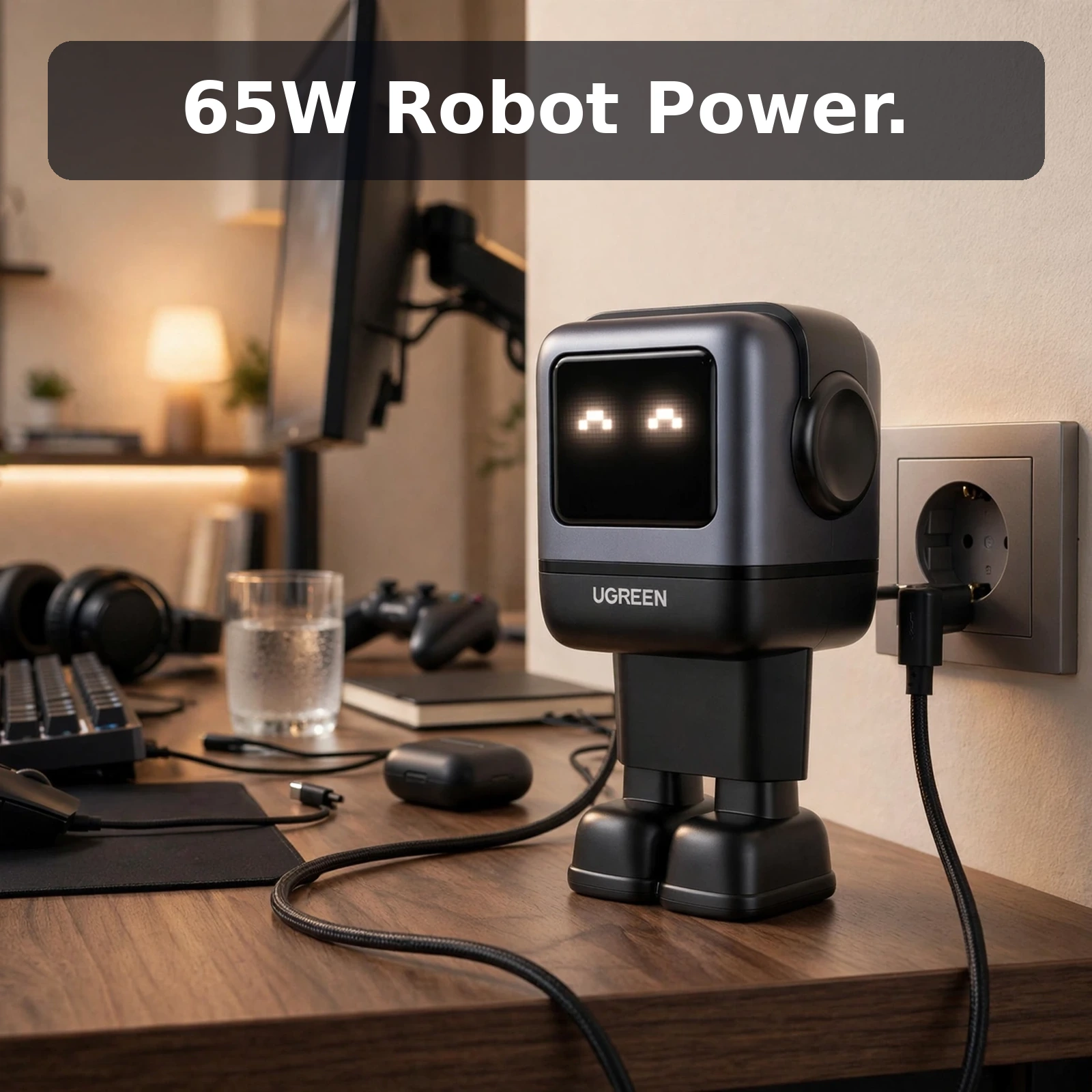 UGREEN Nexode RG 65W charger with robot LED face beside a laptop