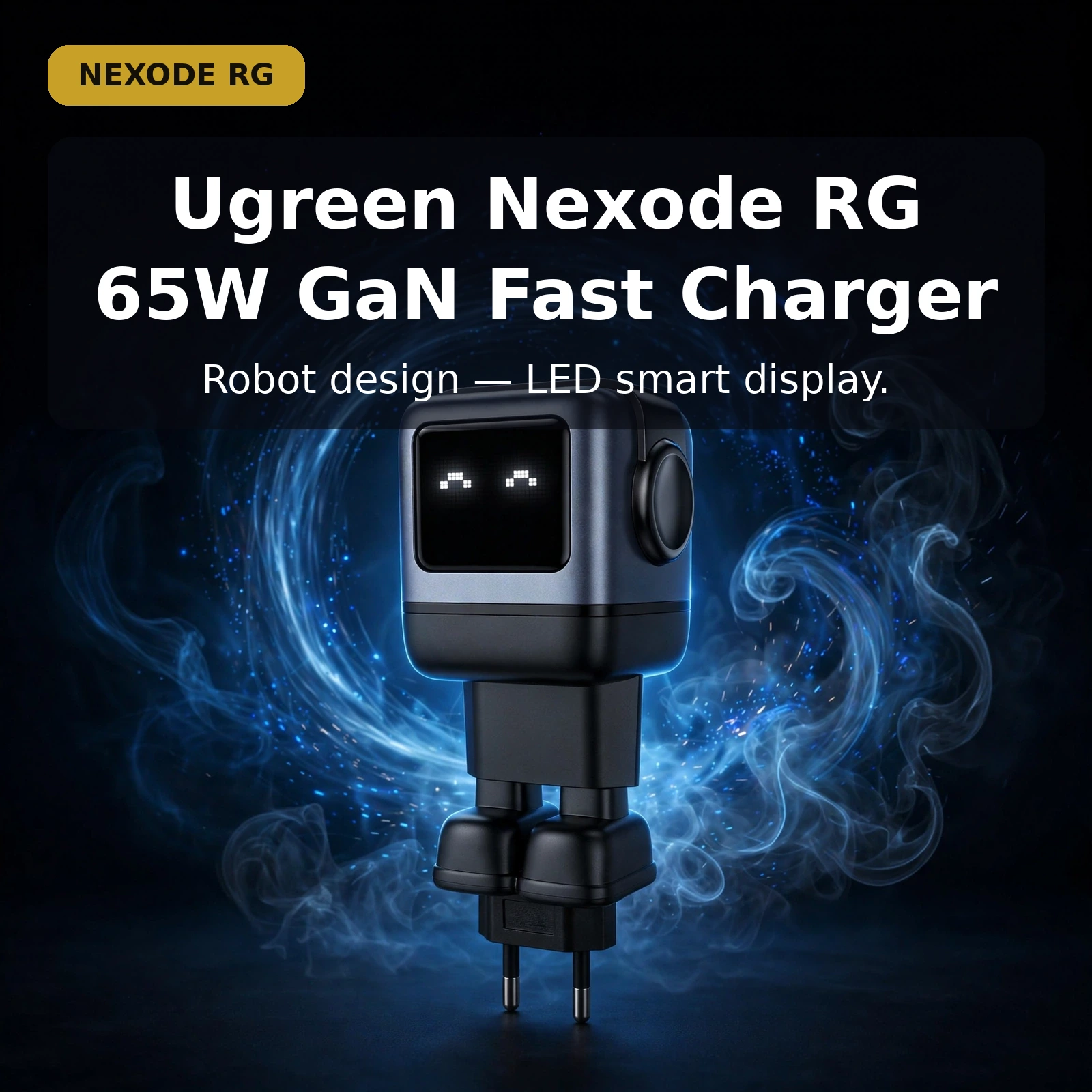 UGREEN Nexode RG 65W GaN charger hero with smiling robot face