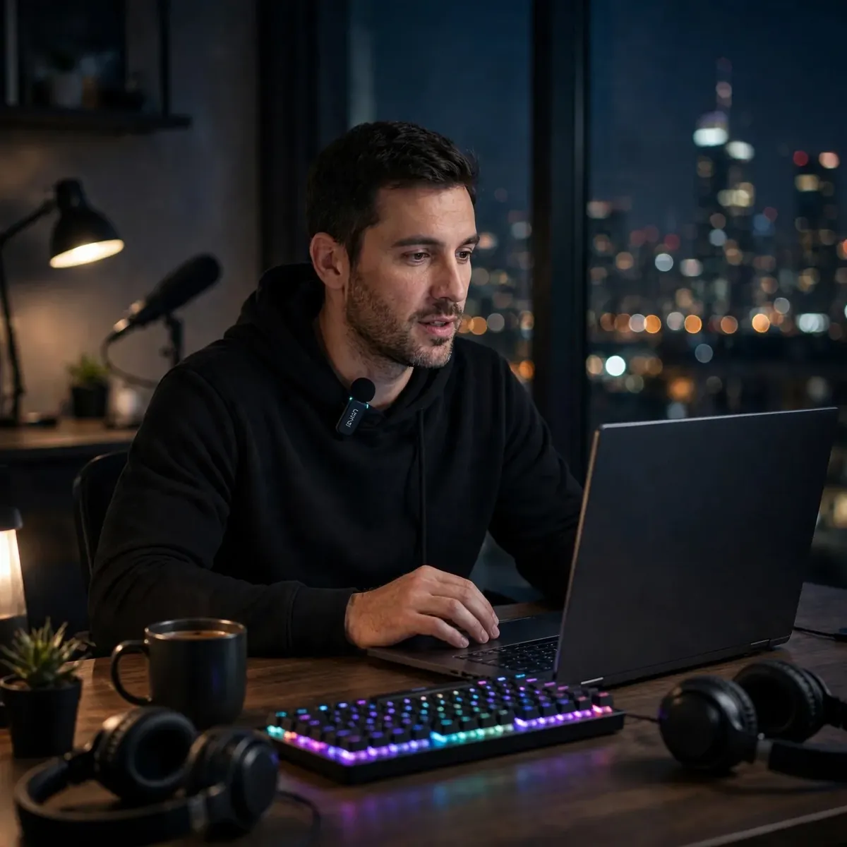 Ulanzi A200 lifestyle photo of a man live-streaming at an RGB-lit desk at night with the transmitter clipped to his collar — built for long creator sessions.