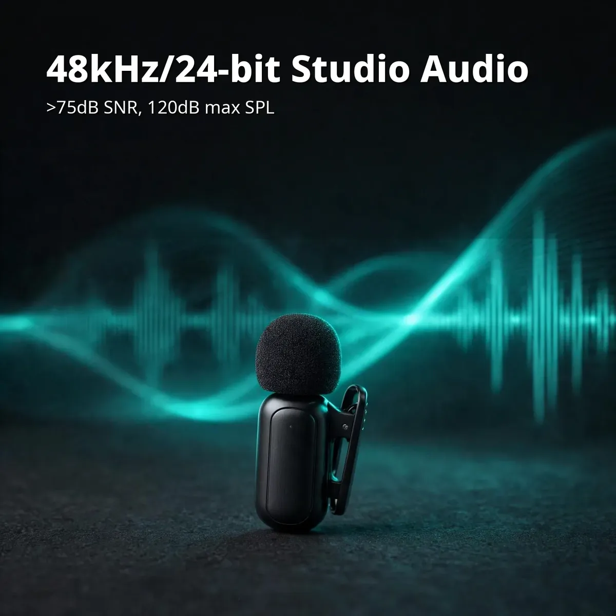 Ulanzi A200 feature card showing the tiny transmitter with its foam windshield — 48kHz/24-bit Studio Audio, over 75dB SNR, 120dB max SPL.