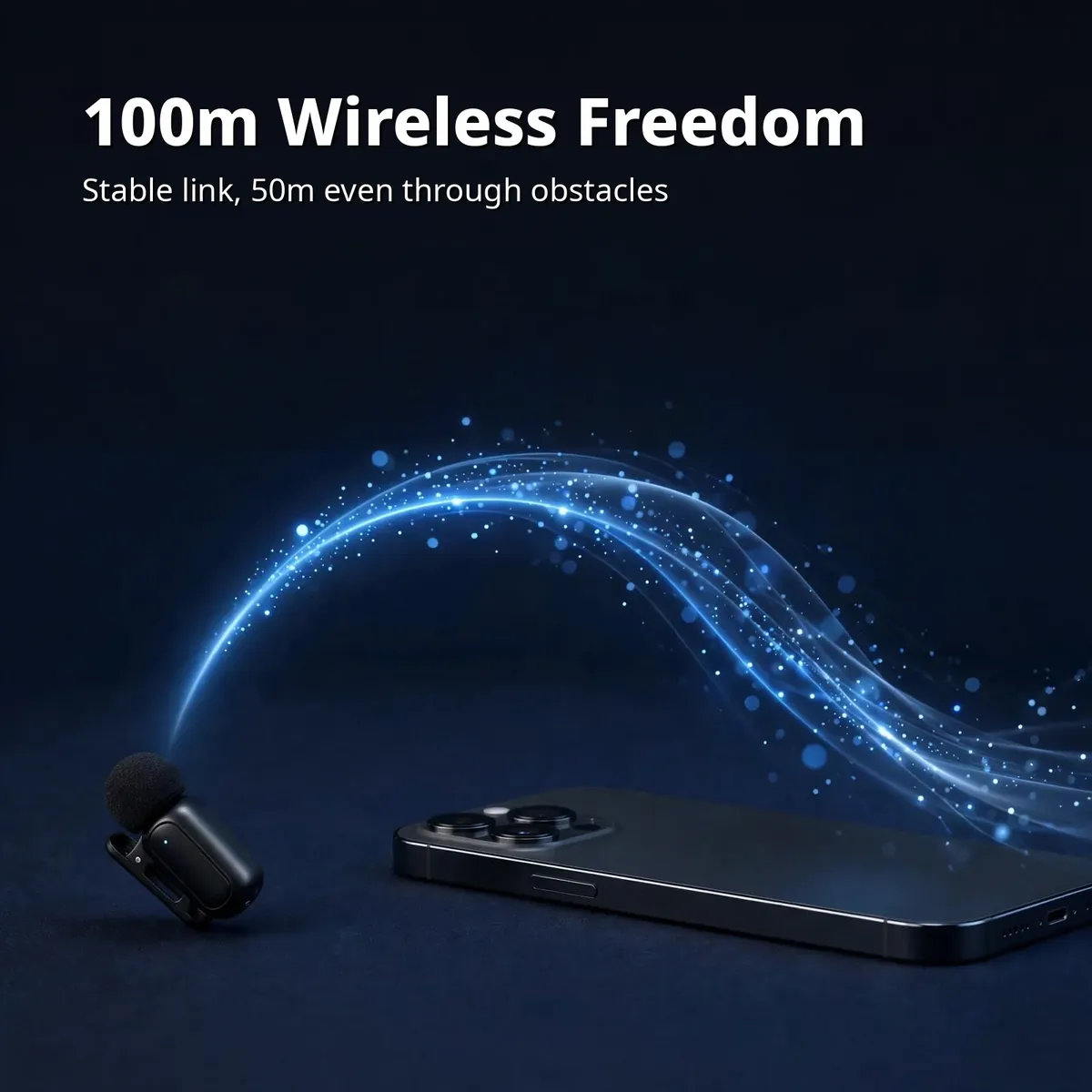 Ulanzi A200 feature card showing the transmitter beaming a wireless arc toward a phone — 100m Wireless Freedom, stable 50m even through obstacles.