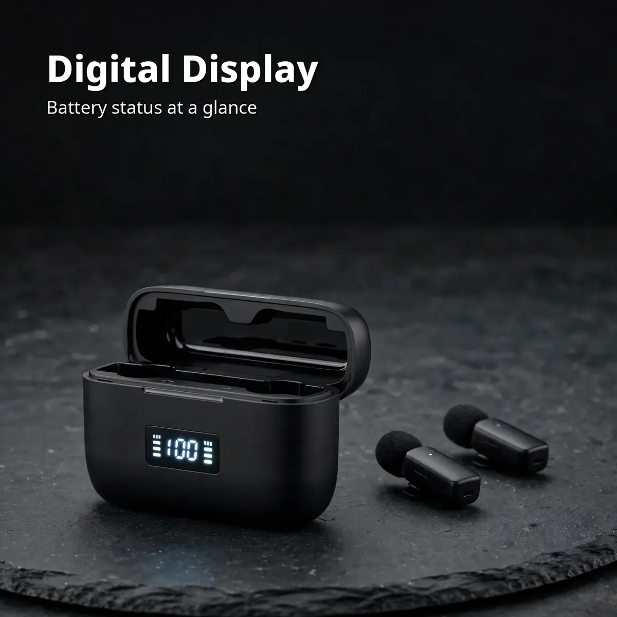 Ulanzi A200 feature card showing the open charging case with its lit digital battery display — Digital Display, battery status at a glance.