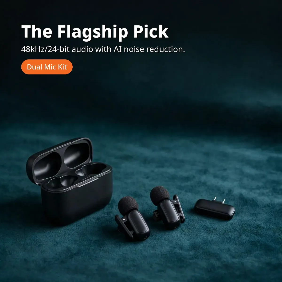 Ulanzi A200 promo hero showing the open charging case with both transmitters inside — The Flagship Pick, 48kHz/24-bit audio with AI noise reduction, dual mic kit.