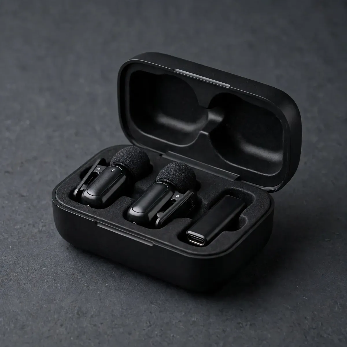 Ulanzi A200 studio photo of the open charging case with both transmitters and the receiver docked — the complete dual mic kit.