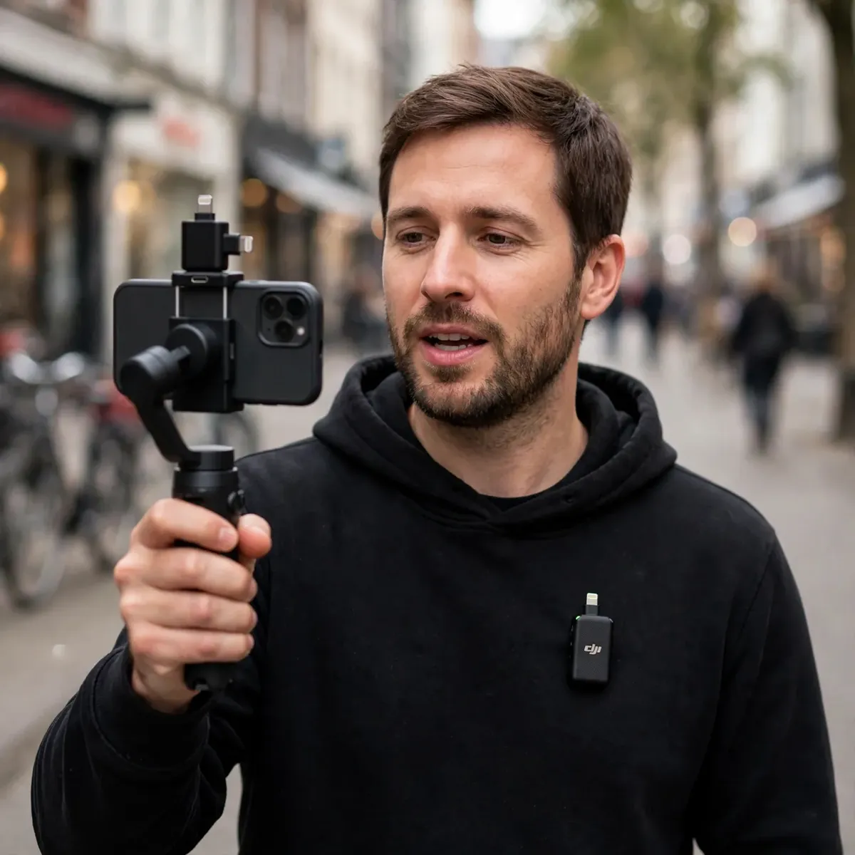 Ulanzi type-c lightning adapter lifestyle shot — man vlogging outdoors with an iPhone on a gimbal, A100 transmitter on collar.