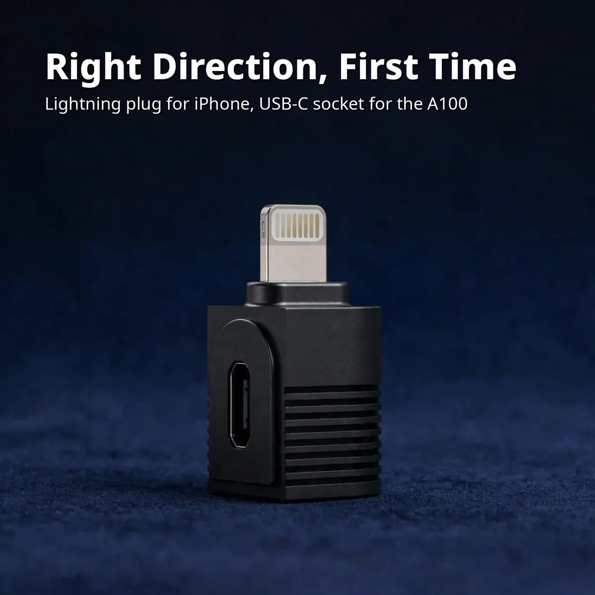 Ulanzi adapter direction card — Right Direction, First Time. Lightning plug for iPhone, USB-C socket for the A100.