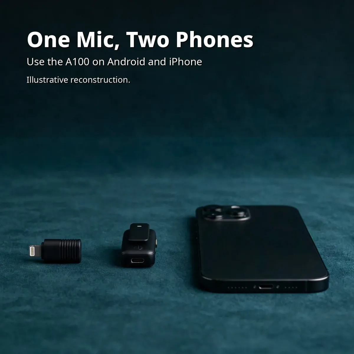 Ulanzi adapter pairing infographic — One Mic, Two Phones. Use the A100 on Android and iPhone. Illustrative reconstruction.