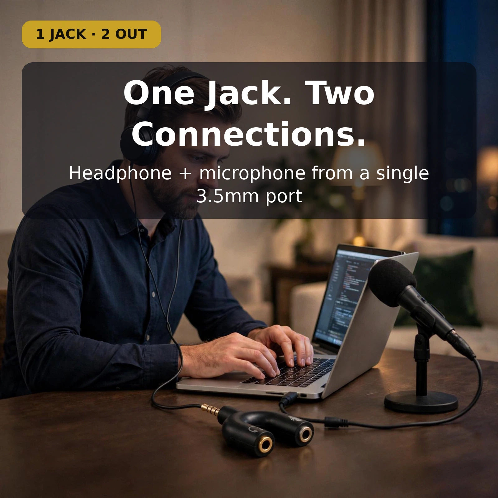 3.5mm audio splitter for headphone and microphone connecting a headset and microphone to a laptop