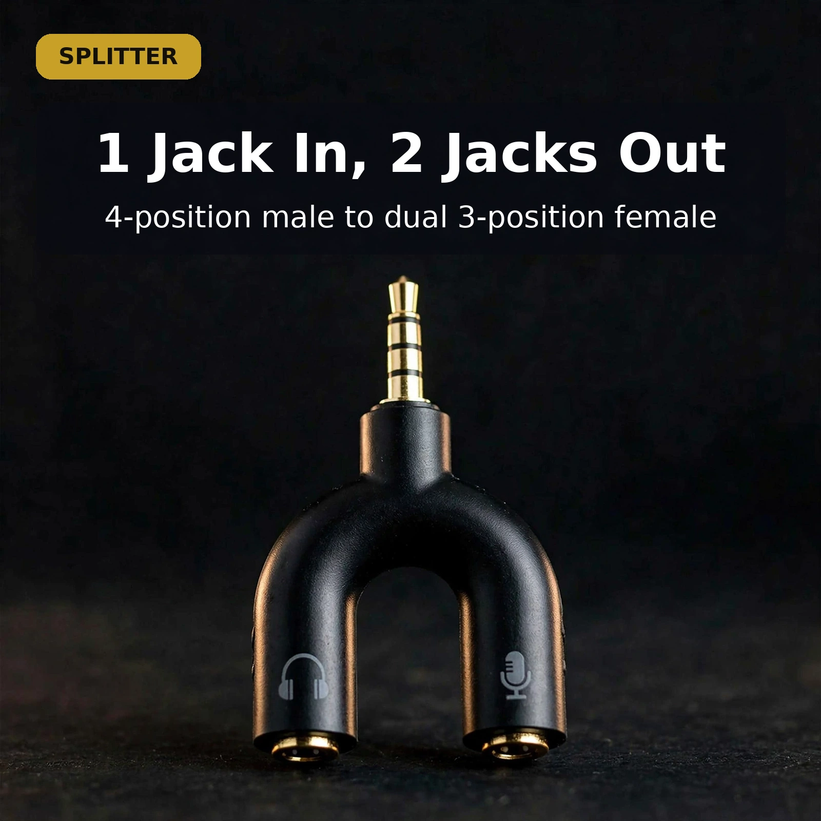 U-shape 3.5mm audio splitter card showing 1 jack in and 2 jacks out layout