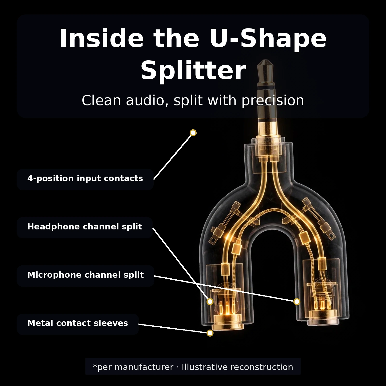 X-ray view of the U-shape 3.5mm audio splitter showing internal contact paths