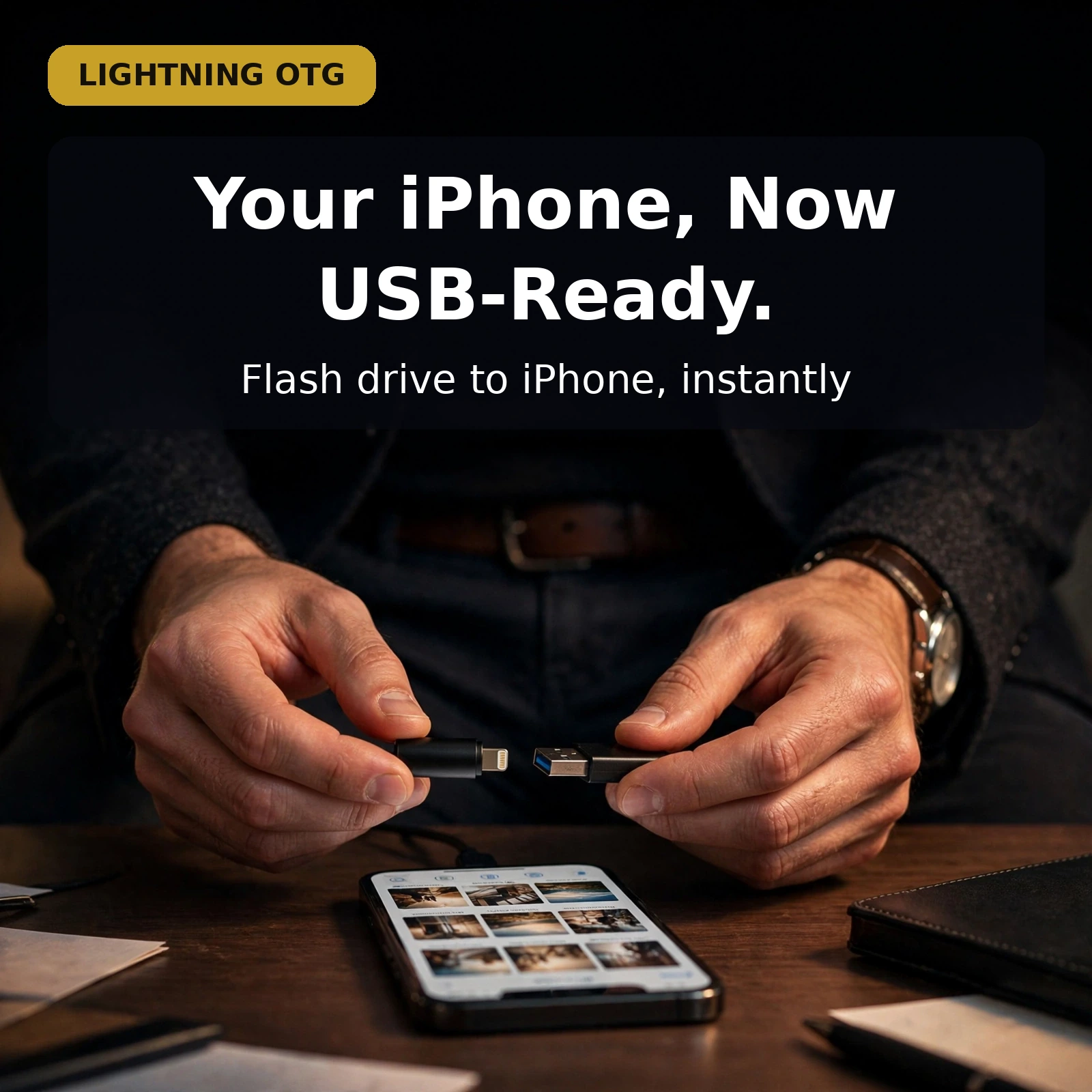 Valdus VA27 Lightning to USB OTG adapter connecting a USB flash drive to an iPhone